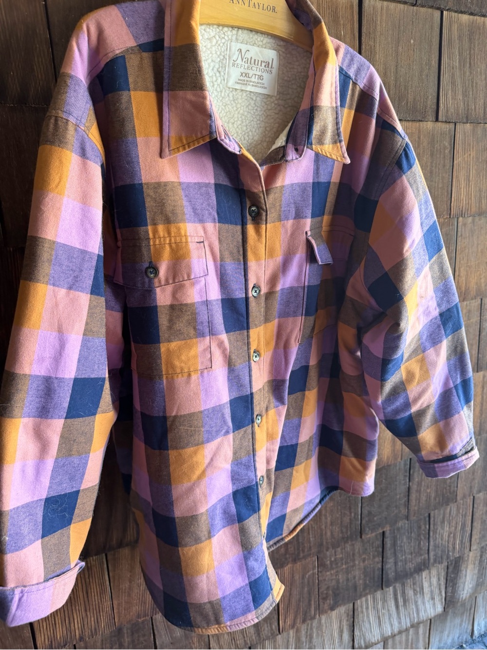 Natural Reflections Plaid Button-Down Furry Lined Flannel Gingham Plaid Shacket: